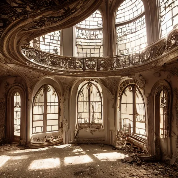 Prompt: photograph of the interior of a ruined art nouveau mansion with curving staircases, detailed, beautiful, god rays, volumetric light