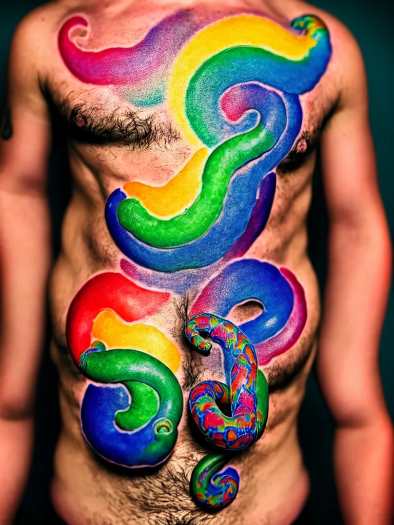 Image similar to a perfect portrait of a man standing, proudly displaying his four dimensional hyperbolic rainbow tattoos that extrude, protude and extend outwards and around his body like grasping prehensile tendrils tentacles and snakes, perfect studio lighting.