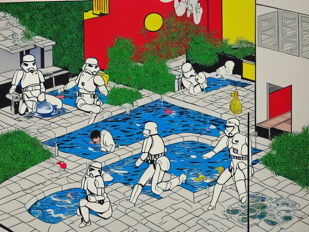 Image similar to hyperrealism composition of the japanese house with a hot springs in the garden, two detailed stormtroopers bathe in a hot spring, pop - art style, jacky tsai style, andy warhol style, roy lichtenstein style, acrylic on canvas