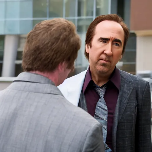 Prompt: photo of Saul Goodman standing beside Nicholas Cage, highly detailed, high quality, HD, 4k, 8k, Canon 300mm, professional photographer, 40mp, lifelike, top-rated, award winning, realistic, sharp, no blur, edited, corrected, trending