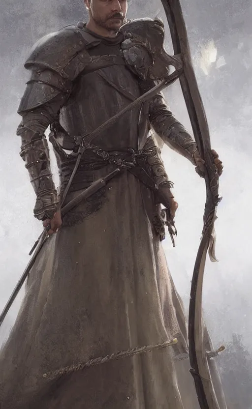 Image similar to Portrait of a medieval guard holding a spear, male, detailed face, fantasy, highly detailed, cinematic lighting, digital art painting by greg rutkowski