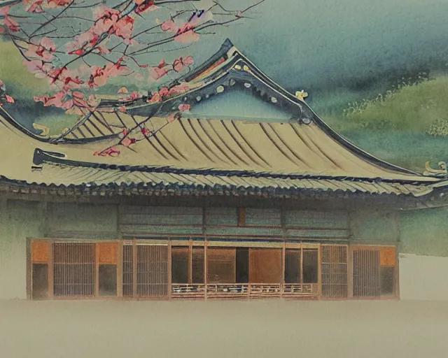 Prompt: a beautiful painting of a building in a serene landscape, japanese watercolor,