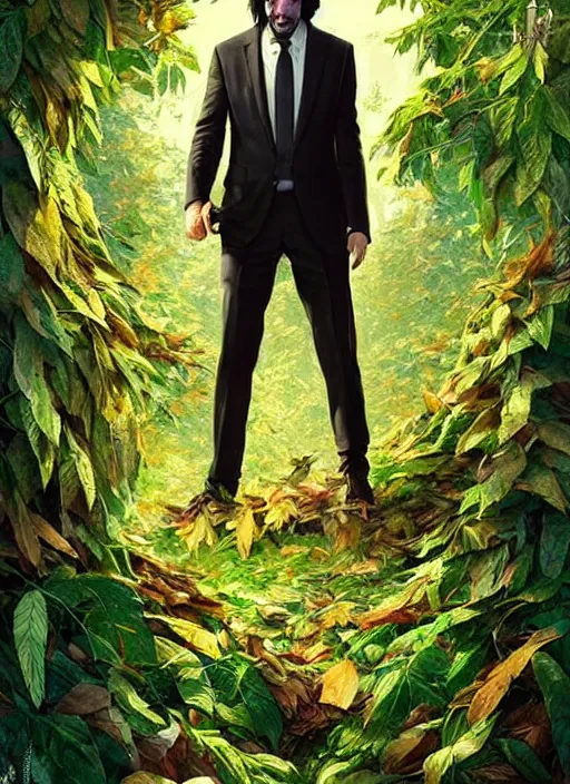 Image similar to highly detailed comedy caper movie poster with silly wacky zany keanu reeves as a sentient pile of leaves, keanu reeves green face as tree sentient leafy bush by greg rutkowski, masterpiece, really funny, 1 0 / 1 0 comedy