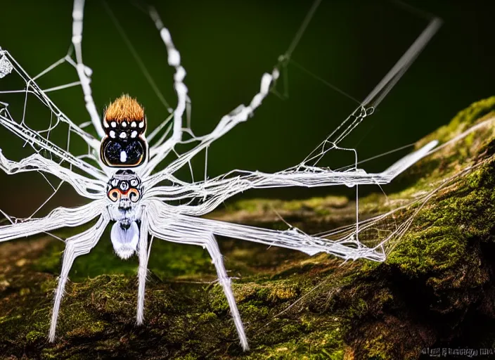 Prompt: portrait of a crystal spider in the forest. Fantasy magic style. Highly detailed 8k. Intricate. Nikon d850 55mm. Award winning photography.