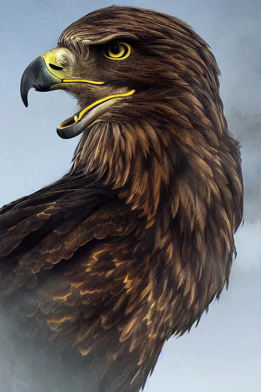 Prompt: portrait, golden eagle on his Nest in the mountains, face portrait, raphael lacoste, eddie mendoza, alex ross, concept art, matte painting, highly detailed, rule of thirds, dynamic lighting, cinematic, detailed, denoised, centerd