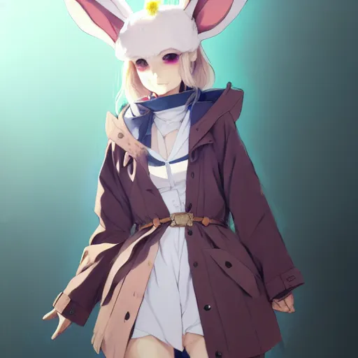 Prompt: concept art of a bunny girl wearing a big jacket with butterfly patterns, butterfly inspired japanese harajuku street fashion, gapmoe yandere grimdark, butterfly trending on pixiv fanbox, painted by greg rutkowski makoto shinkai takashi takeuchi studio ghibli, akihiko yoshida