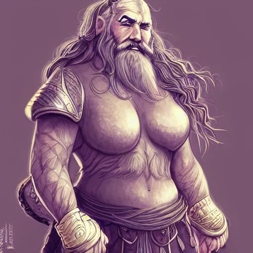 Prompt: elderly female feminine bearded dwarven heavyset fighter with curly long grey hairstyle, long beard tied in intricate lengthy braids and wrinkled skin wearing full platemail armor by rossdraws