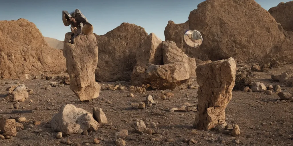 Image similar to levitating ghost grey silhouette with full - face golden mask in a dry rocky desert landscape, visible sky and sunny atmosphere, floating stones, flying stones, fata morgana and giant square mirrors by alejandro jodorowsky, anamorphic lens, kodakchrome, practical effects, masterpiece, 8 k