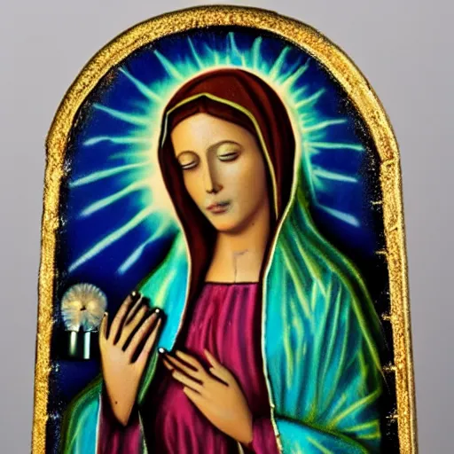 Image similar to virgin mary on a candle except its a woman dressed in day if the dead dress and makeup