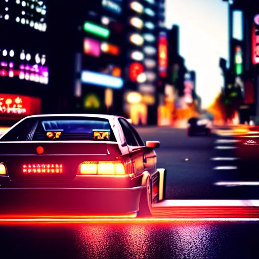 Image similar to a car drifting JZX100 in middle of road, shibuya prefecture, city sunset, cinematic color, photorealistic, highly detailed, bokeh, octane render