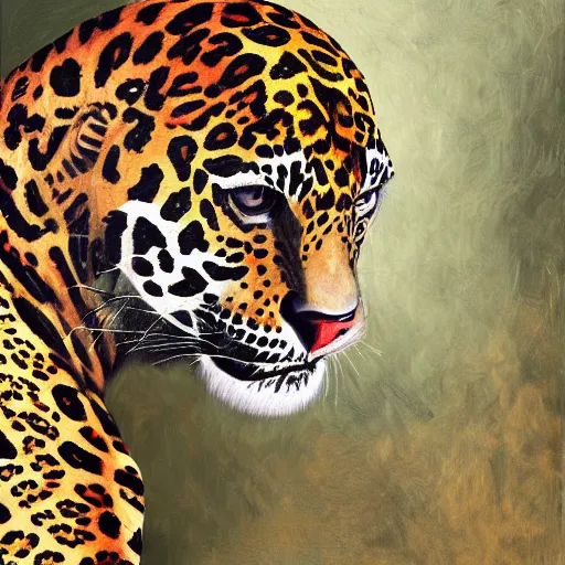 Image similar to an intricated and detailed painting of a shaman turning into a jaguar 4 k render