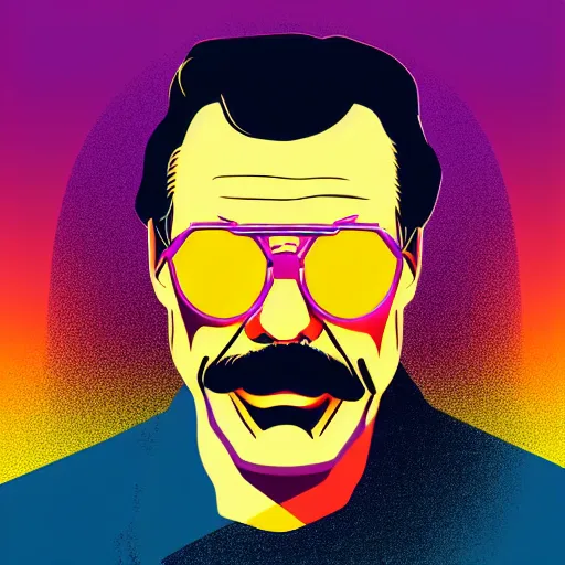 Prompt: portrait of tom selleck with light blue shutter shades in front of a sunset, a dark purple leather jacket, vector art by jan tengnagel, pixabay contest winner, retrofuturism, retrowave, synthwave, outrun