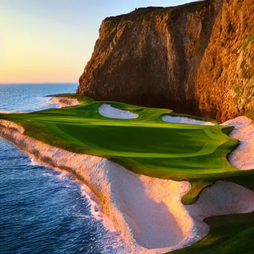 Image similar to a great photograph of the most amazing golf hole in the world, cliffs by the sea, perfect green fairway, human perspective, ambient light, 5 0 mm, golden hour