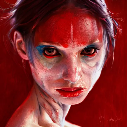 Prompt: a portrait of an intensely lit scolopendra girl modeling, red, oil painting, pale colors, high detail, 8 k, wide angle, trending on artstation,