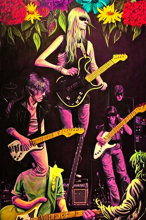 Image similar to the velvet underground and nico playing live on stage at a night club, beautiful stage decoration with flowers in the background, painting by bill watterson, very detailed and colorful and toned down and ornamental and moody and cool and relaxed and high on drugs, trending on artstation, behance contest winner