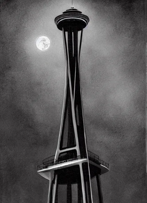 Prompt: king kong on the Seattle Space Needle at night, with moon in background, dark colors, sinister atmosphere, dramatic lighting, cinematic, establishing shot, extremely high detail, photo realistic, cinematic lighting, pen and ink, intricate line drawings, by Yoshitaka Amano, Ruan Jia, Kentaro Miura, Artgerm, post processed, concept art, artstation, matte painting, style by eddie mendoza, raphael lacoste, alex ross