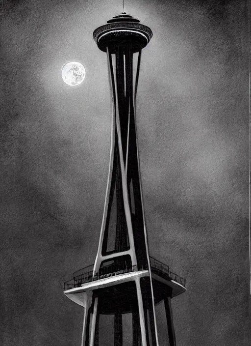 Image similar to king kong on the Seattle Space Needle at night, with moon in background, dark colors, sinister atmosphere, dramatic lighting, cinematic, establishing shot, extremely high detail, photo realistic, cinematic lighting, pen and ink, intricate line drawings, by Yoshitaka Amano, Ruan Jia, Kentaro Miura, Artgerm, post processed, concept art, artstation, matte painting, style by eddie mendoza, raphael lacoste, alex ross