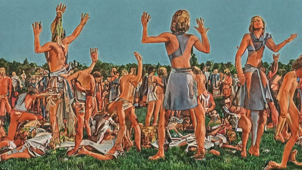 Prompt: A vintage scientific illustration from the 1970s of a Swedish cult performing a human sacrifice to the gods during the midsummer festival in Sweden in the summer on the meadows by Wes Anderson