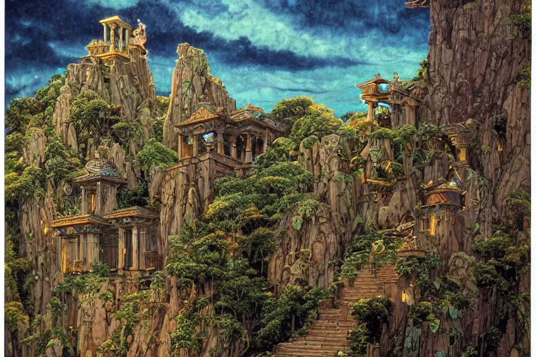 Image similar to ancient temple on a mountaintop at night | by Paul O. Zelinsky and Edmund Dulac and Donato Giancola | ornate carvings| climbing vines| rich color | dramatic cinematic lighting | extremely clear and detailed | featured on Artstation