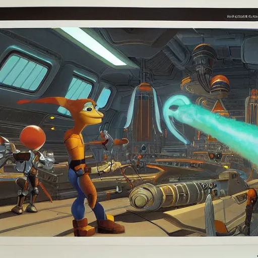 Image similar to ralph mcquarrie concept art for ratchet & clank, matte scene