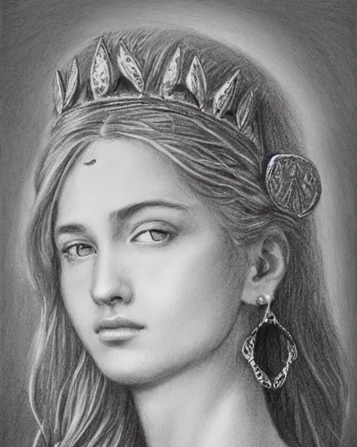 Image similar to pencil drawing of a beautiful greek goddess aphrodite wearing a laurel wreath and arrowhead earrings, beautiful confident eyes, beautiful flowing hair, hyper realistic face, in the style of greg rutkowski, fantasy, amazing detail, epic, elegant, smooth, sharp focus, from the front, long shot