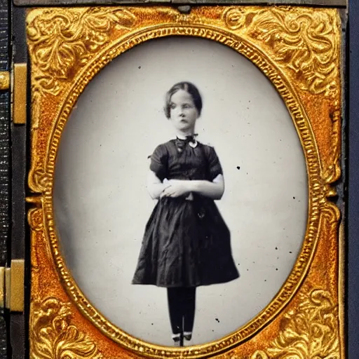 Prompt: tintype photo, girl with three legs