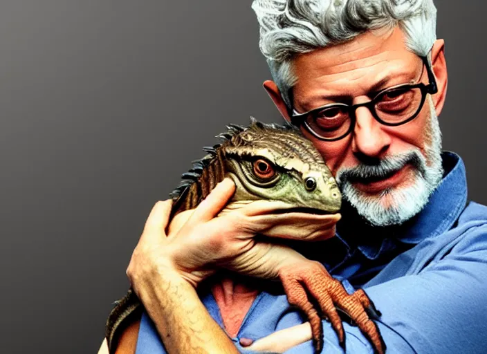 Image similar to jeff golblum holding a baby velociraptor in his arms, ultra realistic, cinematic