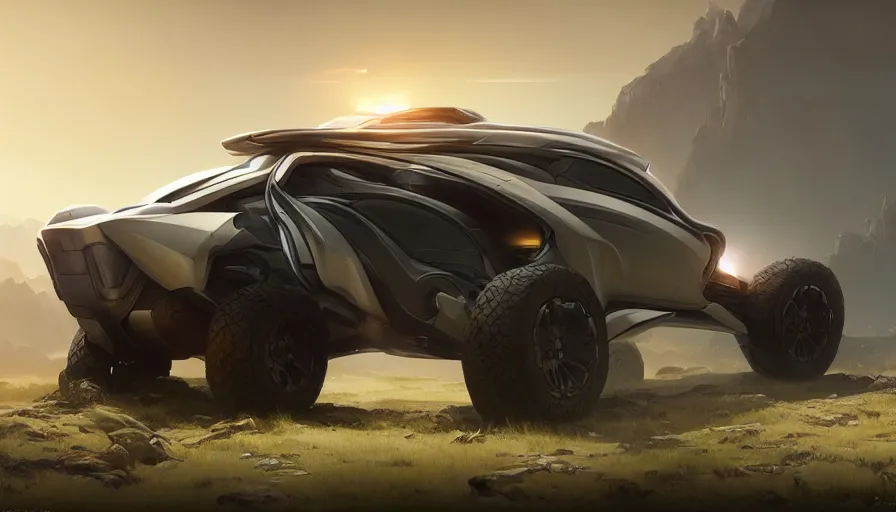 Image similar to a futuristic offroad suv by artgerm and greg rutkowski and alphonse mucha, zaha hadid, an epic fantasy, volumetric light, detailed, trending on art station, octane render, midsommar