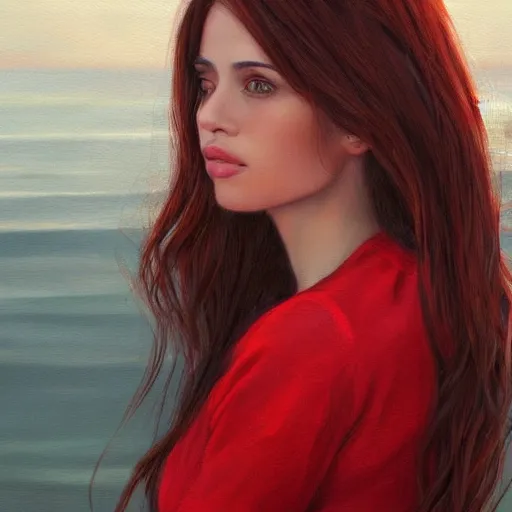 Image similar to woman with long dark brown hair wearing red clothing standing by the beach, beautiful, 8k, highly detailed, realistic, artgerm, sakimichan, rutkowski, trending on artstation, perfect face, portrait, high contrast, golden light, dramatic lighting,