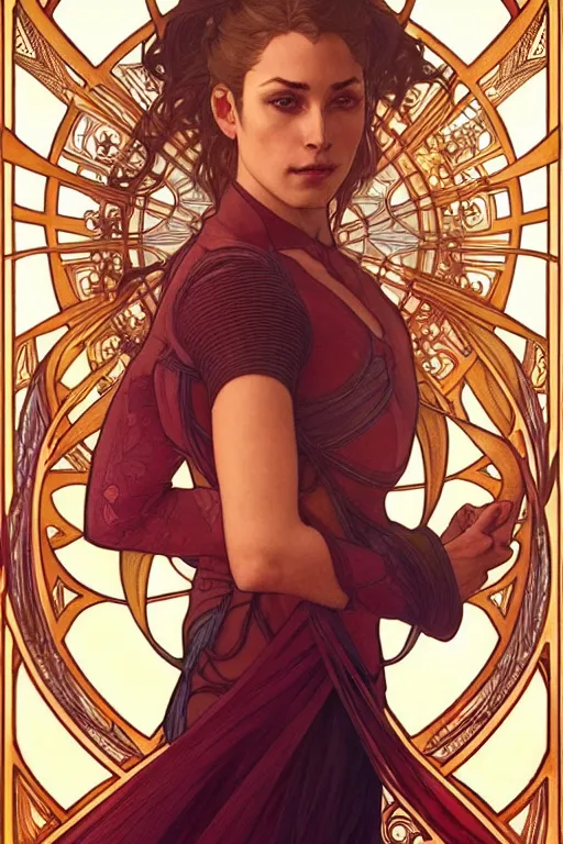 Image similar to symmetry!! intense fanart of 3 / 4 back pose of halliwell as acotar protagonist, intricate, elegant, highly detailed, my rendition, digital painting, artstation, concept art, smooth, sharp focus, illustration, art by artgerm and greg rutkowski and alphonse mucha. fireball in hand, traditional clothes