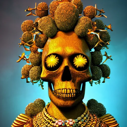 Image similar to a golden skull face african electric shaman with an afro made of flowers, third eye art art by machina infinitum, complexity from simplicity, rendered in octane, mandelbulb 3 d, ambient occlusion, macro photography, tribal, retrowave