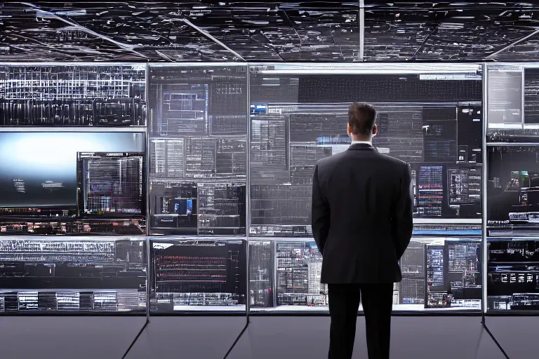 Prompt: a man in gray corporate suit standing in dark in front of supercomputer with many monitors and displays, one monitor with the skynet logo, photorealistic, highly detailed, 4 k, hd