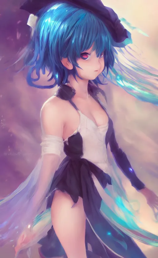 Image similar to A beautiful anime-style digital full-body portrait of Cirno, by Stanley Artgerm Lau, WLOP, Rossdraws, LeraPi, and Sakimichan, trending on ArtStation, deviantart, SFW version