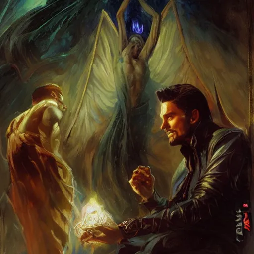 Image similar to attractive male magician casts dark spell, summoning handsome lucifer morningstar. highly detailed painting by gaston bussiere, craig mullins, j. c. leyendecker 8 k