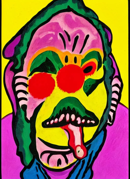 Image similar to ugly vomiting clown in the style of ernst ludwig kirchner