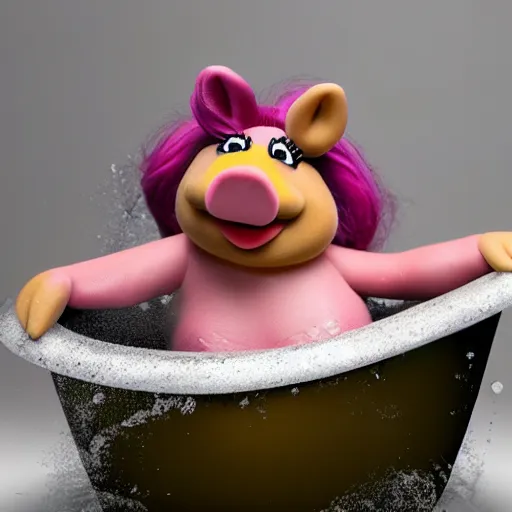 Image similar to miss piggy drunk on wine in the bathtub, hyper realistic, 8k resolution, very detailed