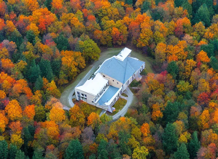 Prompt: low drone shot of a beautiful ranch style School campus in the middle of the Woods during autumn