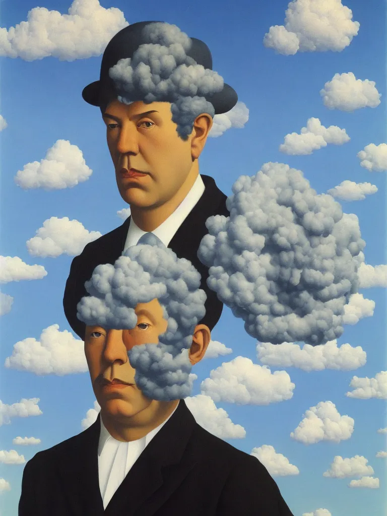 Image similar to portrait of cloud man by rene magritte, detailed painting, hd, hq, high resolution, high detail, 4 k, 8 k