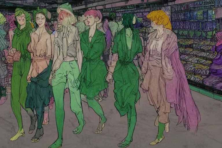 Image similar to group of green haired women walking through a super market aisle, in the style of Greg Broadmore and Arthur Rackham and Moebius, trending on artstation, light lighting side view,digital art,surrealism ,macro,blueprint ,vaporwave ,