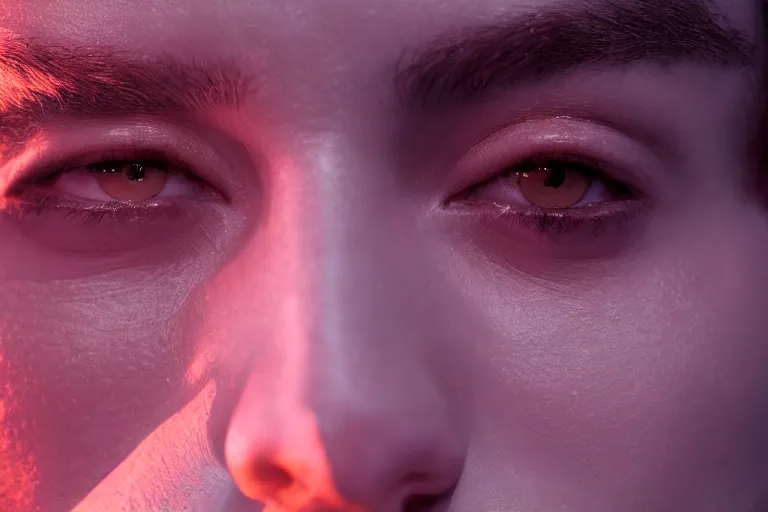 Image similar to VFX movie of a cyborg hacker closeup portrait in high tech compound, beautiful natural skin neon lighting by Emmanuel Lubezki