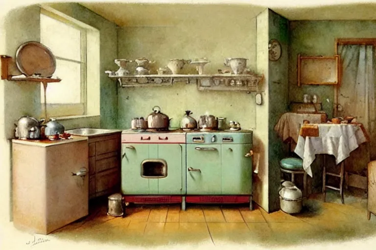 Image similar to ( ( ( ( ( 1 9 5 0 s retro kitchen interior scene. muted colors. ) ) ) ) ) by jean - baptiste monge!!!!!!!!!!!!!!!!!!!!!!!!!!!!!!