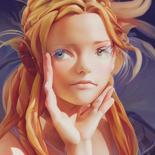 Image similar to a beautiful scenic painting of a beautiful young woman that looks like marle from chrono trigger by artgerm and wlop and wes anderson and spike jonze
