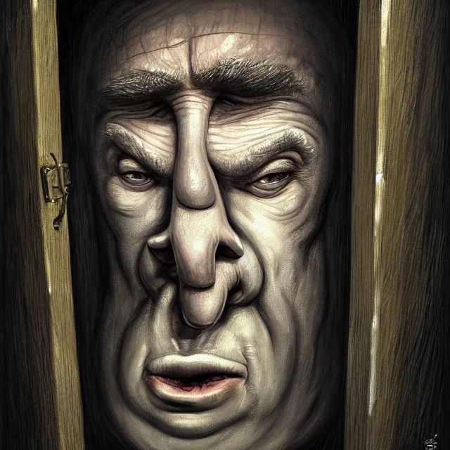 Image similar to prison cell behind bars of jail gediminas pranckevicius | close up portrait of a the trump behind jail bars in the sinister valley of despair, one mouth, one nose, two eyes, oil painting by tomasz jedruszek, cinematic lighting, pen and ink, intricate line, hd, 4 k, million of likes, trending on artstation