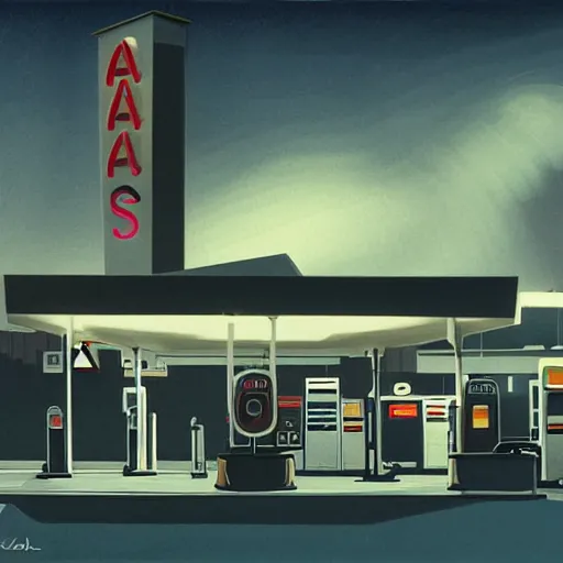 Image similar to a gas station at night by emiliano ponzi, george ault, bauhaus, retrofuturism, concept art, matte drawing