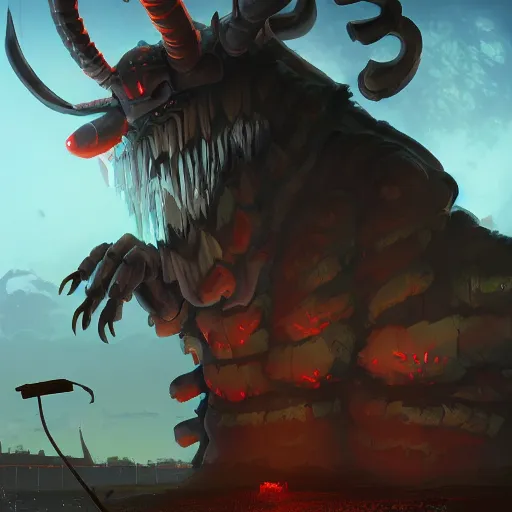 Image similar to a gigantic shadowy bug demon cyclops, medieval background, highly detailed, digital painting, artstation, matte, by makoto shinkai, animation style, studio ghibli, anime key visual