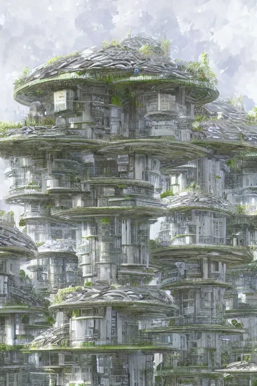 Prompt: detailed large buildings inspired by mushrooms, concept art, solarpunk, futurism