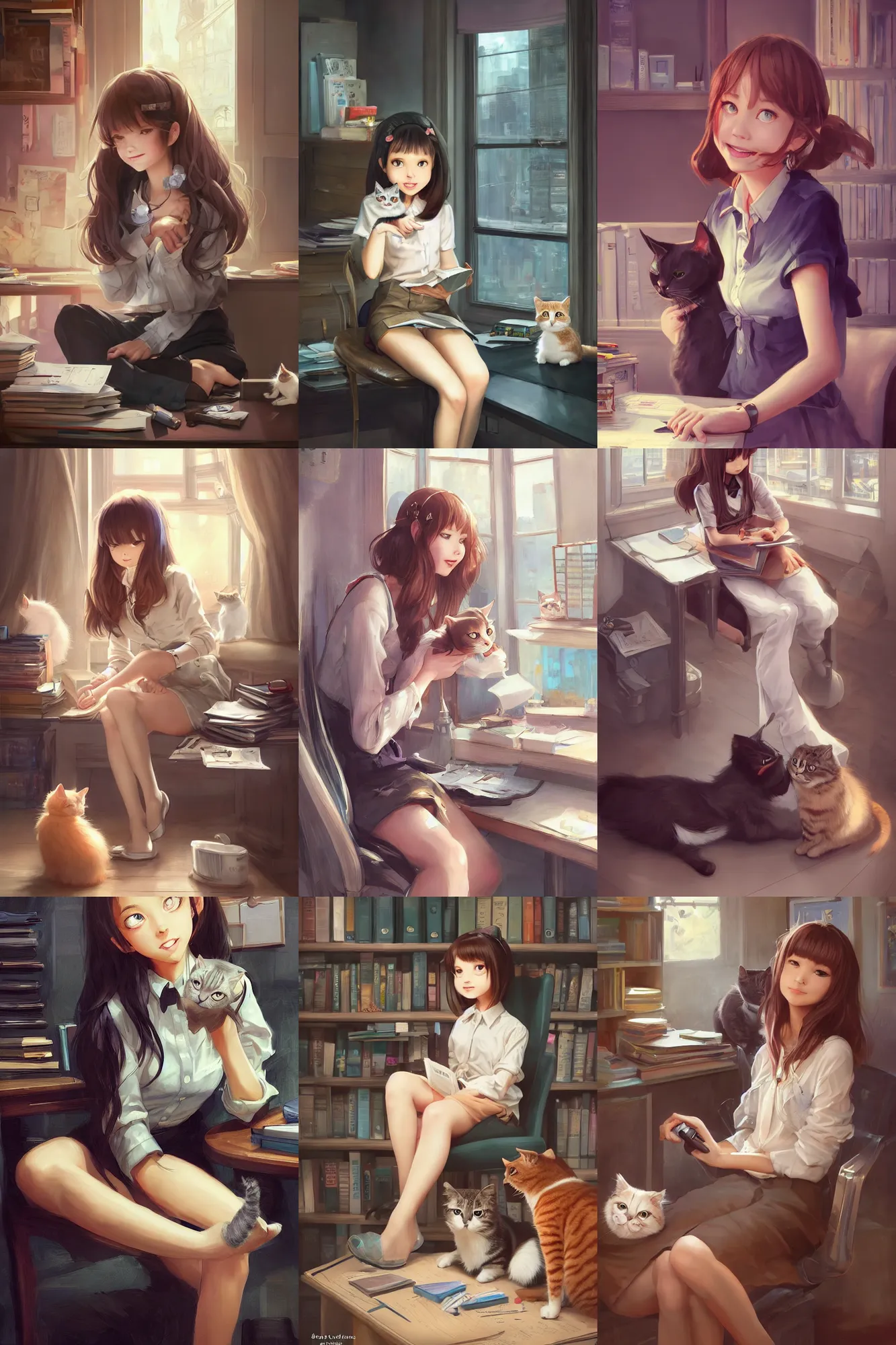 Prompt: a beautiful detective girl sitting in her office petting a cat in her lap | | cute - fine - subtle smile, face, pretty face, fine details by stanley artgerm lau, wlop, rossdraws, james jean, andrei riabovitchev, marc simonetti, and sakimichan, trending on artstation