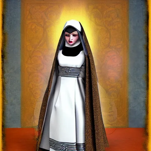 Image similar to female character design inspired by venice carnival and nun outfit | | art by greg rutswork