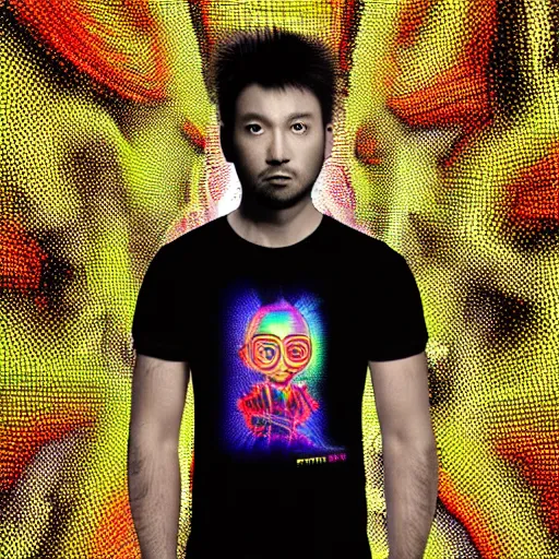 Prompt: mockup of a black tshirt with a hyperdetailed portrait of a cyberpunk robot by hajime sorayama, 8 k, symetrical, flourescent colors, happy trippy mood, multicolored,