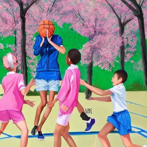 Image similar to tall woman wearing a blue jacket and pink shorts playing basketball against a group of kindergarteners wearing japanese school uniforms, complete detailed body, cherry blossom trees in background, moody atmosphere, digital art, highly detailed, high contrast, beautiful lighting, award winning, trending on art station, photorealistic, 8 k,